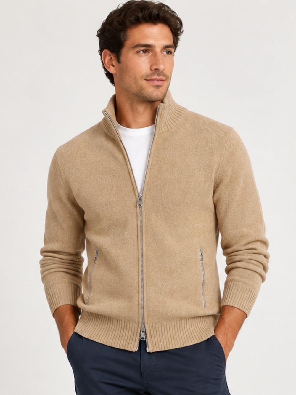 Banana Republic Men’s Merino Wool Blend Full Zip Cardigan Camel Small